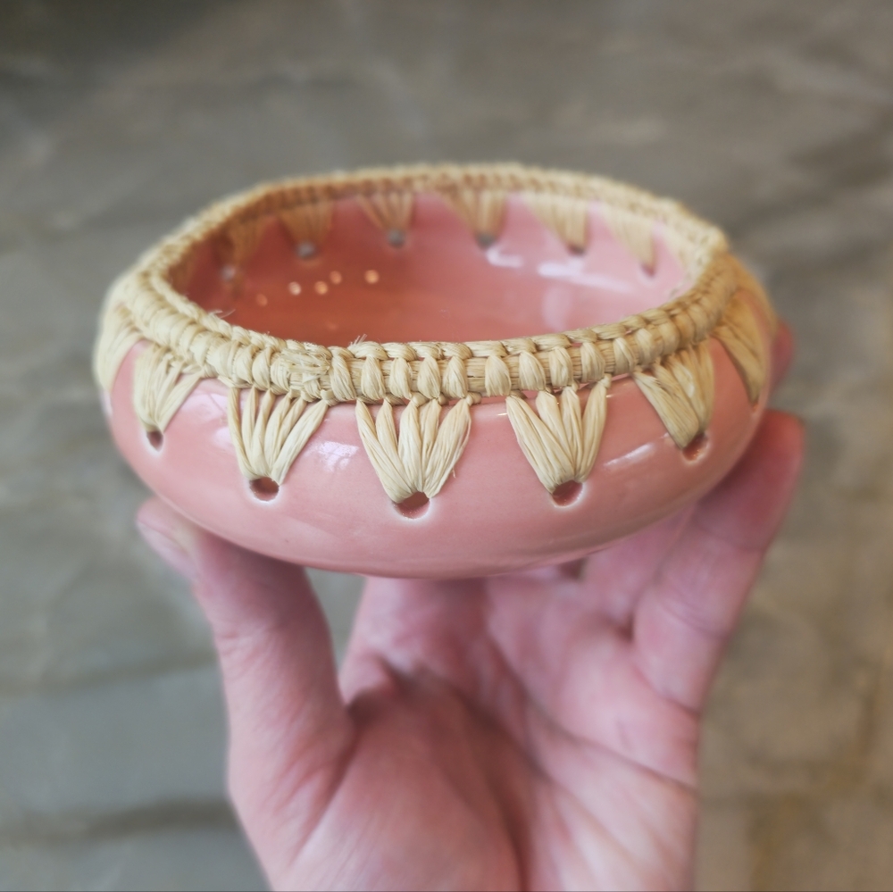 Hand Made Morrocan Pink and Tan Ramekin Bowl,  Ceramic With Raffia